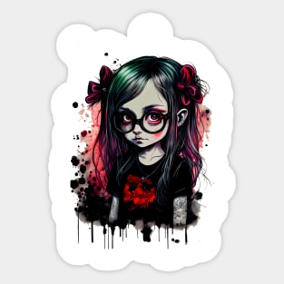 Cartoon little girl with glasses in gothic style at school T-Shirt Sticker